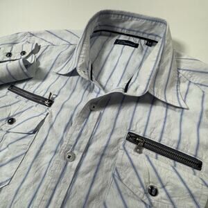7 Diamonds Mens Medium White Blue Stripe Shirt Zip Pocket Western Cotton Snap